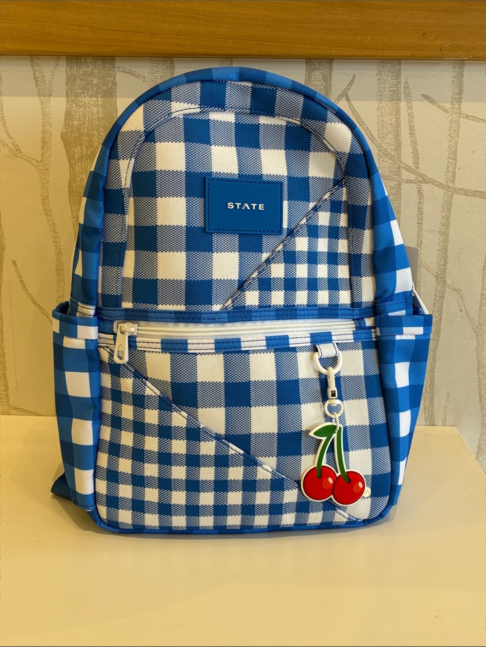STATE Blue & White Gingham Mini Backpack with Cherry Charm